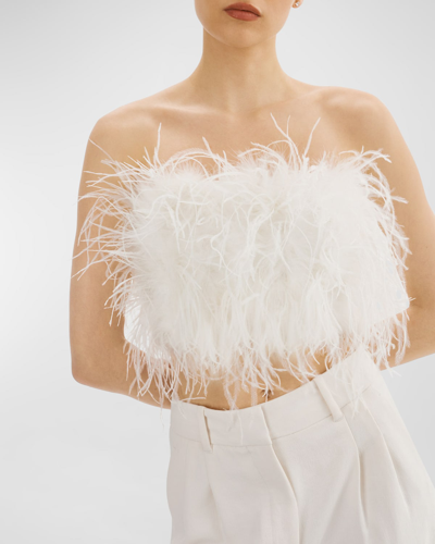Shop Lamarque Zaina Strapless Ostrich-feather Crop Top In White
