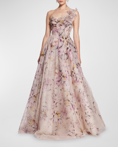 Shop Marchesa Floral-applique Illusion Chiffon Ball Gown In Meadow