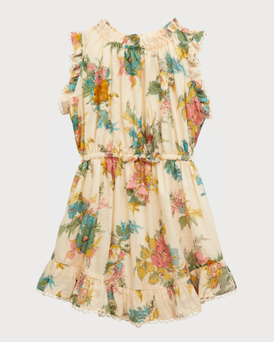 Shop Zimmermann Girl's Clover Frill Floral Cotton Dress In Honey Peony Flora