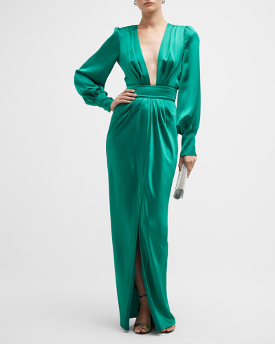 Shop Ramy Brook Madelane Blouson-sleeve Deep V-neck Gown In Jewel Green