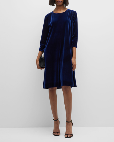 Shop Caroline Rose Round-neck 3/4-sleeve A-line Stretch-velvet Dress In Deep Sapphire
