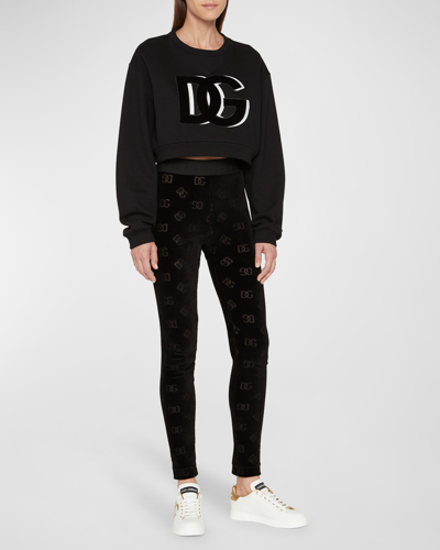 Shop Dolce & Gabbana Cotton Jersey Cropped Sweatshirt With Dg Logo Flock Patch In Nero