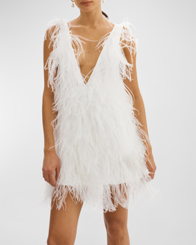 Shop Lamarque Alena Ostrich Feather V-neck Mini Dress In White
