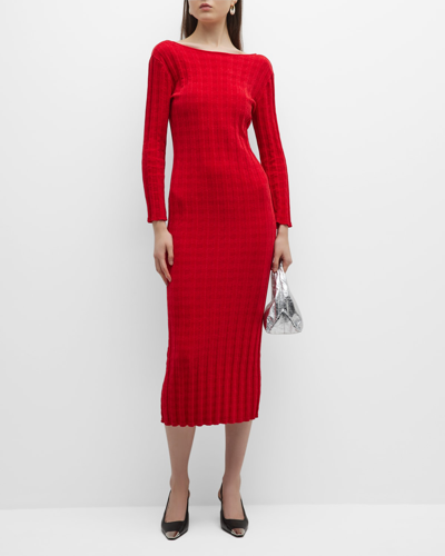Shop Emporio Armani Bateau-neck Textured Chenille Midi Dress In Red