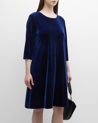 Shop Caroline Rose Plus Size Round-neck 3/4-sleeve A-line Stretch-velvet Dress In Deep Sapphire