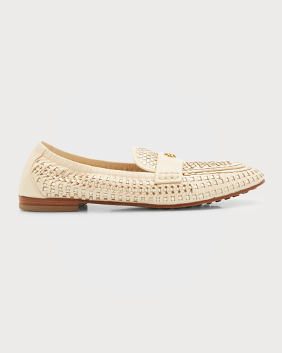 Shop Tory Burch Woven Leather Mini Medallion Loafers In Brie Spark Gold