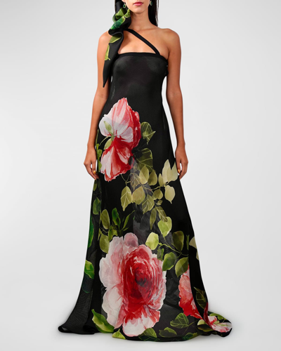 Shop Naeem Khan Printed Floral Gown W/ Bow Detail In Blackfloral