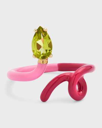 Shop Bea Bongiasca B Vine Ring In Bubblegum Pink And Amarena Enamel With Peridot Drop