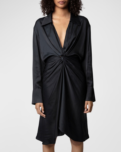 Shop Zadig & Voltaire Rozo Collared Draped Satin Dress In Noir