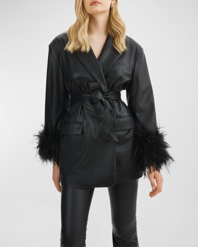 Shop Lamarque Galia Feather-trim Belted Faux-leather Blazer In Black 1