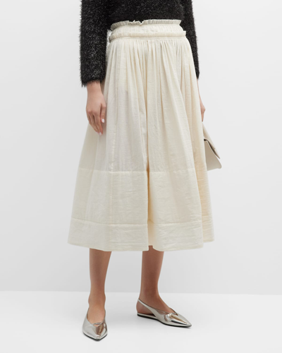 Shop Tory Burch Ruched Linen-blend Midi Skirt In Biscuit