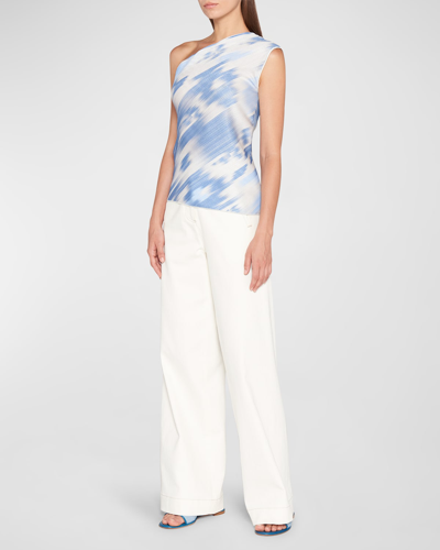 Shop Giorgio Armani Abstract-print One-shoulder Plisse Blouse In Light Blue