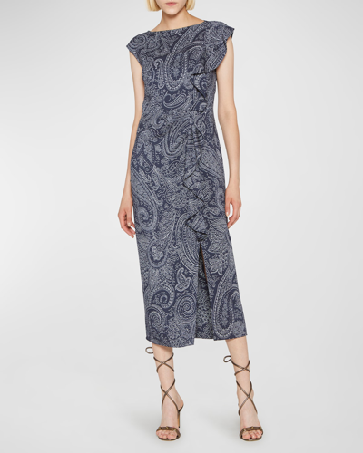 Shop Etro Monochrome Paisley Printed Midi Dress With Ruffle In Navy