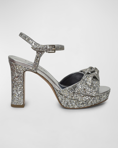 Shop Kate Spade Miya Glitter Bow Platform Sandals In Gold Sliver