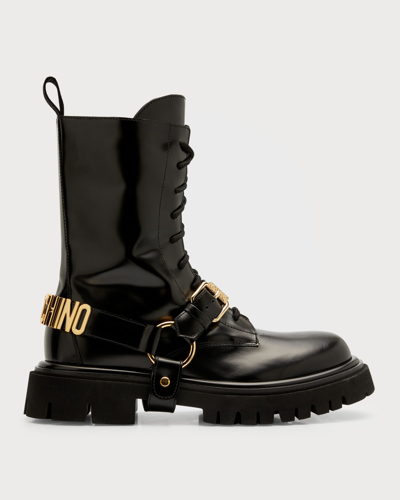 Shop Moschino Men's Lug Sole Leather Combat Boots In Nero