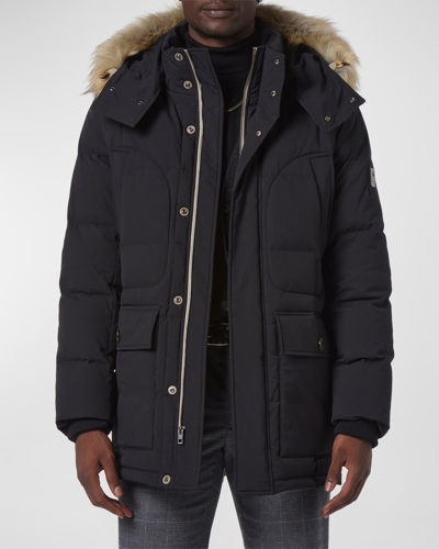 Shop Andrew Marc Men's Olmstead Puffer Jacket W/ Faux Coyote Fur In Black