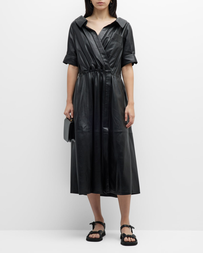Shop Altuzarra Lydia Leather Midi Wrap Shirtdress In Black