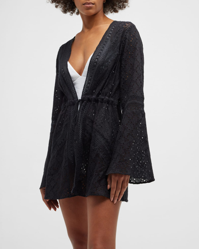 Shop Ramy Brook Simona Eyelet Embroidered Coverup Mini Dress In Black
