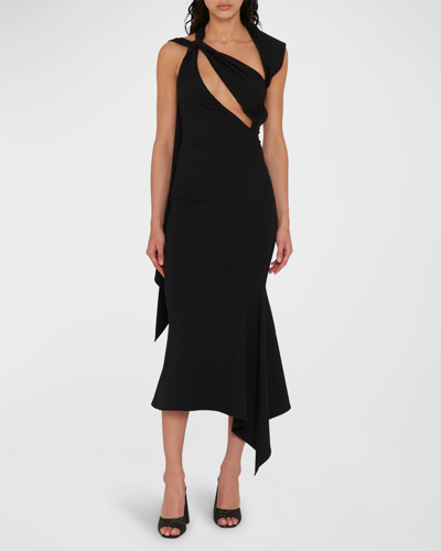 Shop Attico Sam Asymmetric Midi Dress W/ Cutouts In Black