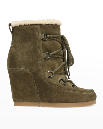 Shop Veronica Beard Elfred Suede Shearling Lace-up Booties In Army