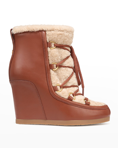 Shop Veronica Beard Elfred Leather Shearling Lace-up Booties In Hazelwood