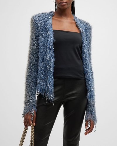 Shop L Agence Azure Fuzzy Cardigan Blazer In Blue Multi