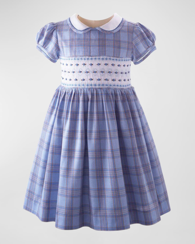 Shop Rachel Riley Girl's Smocked Tartan-print Dress In Blue
