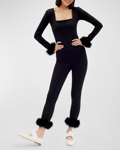 Shop Sleeper The Weekend Chic Feather-trim Pajama Set In Black