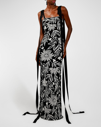 Shop Naeem Khan Embroidered Gown W/ Long Ribbon Detail In Blackwhite