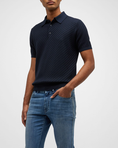 Shop Brioni Men's Basketweave Stitch Polo Sweater In Bluette