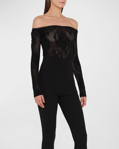 Shop Attico Kim Lace Off-shoulder Bodysuit In Black