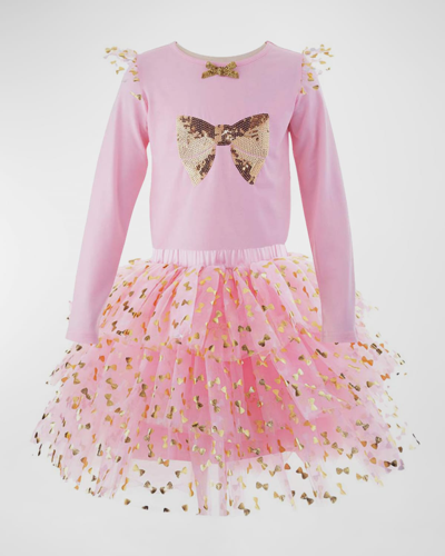 Shop Rachel Riley Girl's Embellished Bow Top & Tutu Skirt Set In Pink