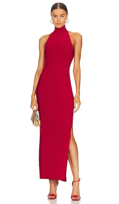 Shop Norma Kamali Halter Turtleneck Side Slit Gown In Red