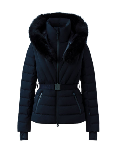 Shop Mackage Women's Elita Belted Down Ski Jacket With Shearling Hood In Black