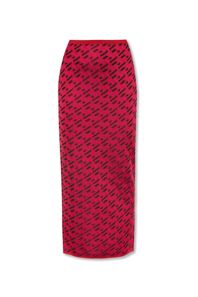 Shop Versace La Greca Pattern Knitted Midi Skirt In Rosso