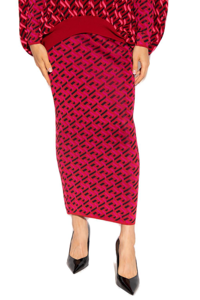 Shop Versace La Greca Pattern Knitted Midi Skirt In Rosso