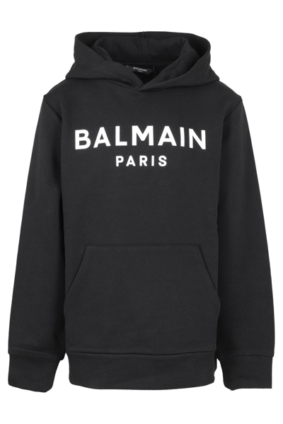 Shop Balmain Logo Printed Long-sleeved Hoodie In Nero