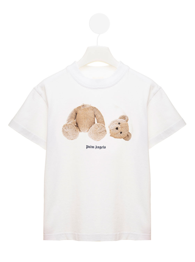 Shop Palm Angels White Cotton T-shirt With Bear Loose Front Print Kids Boy