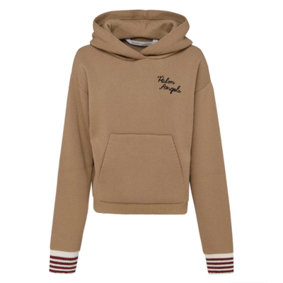 Shop Palm Angels Logo Embroidered Long-sleeved Knit Hoodie In Brown Black
