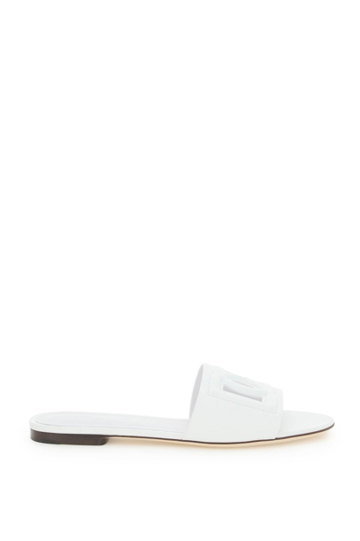 Shop Dolce & Gabbana Leather Sliders With Logo In Bianco