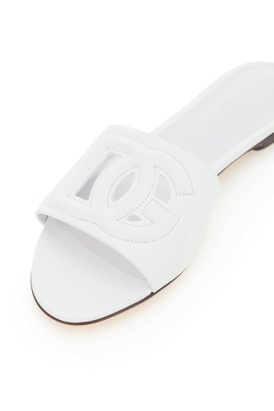 Shop Dolce & Gabbana Leather Sliders With Logo In Bianco