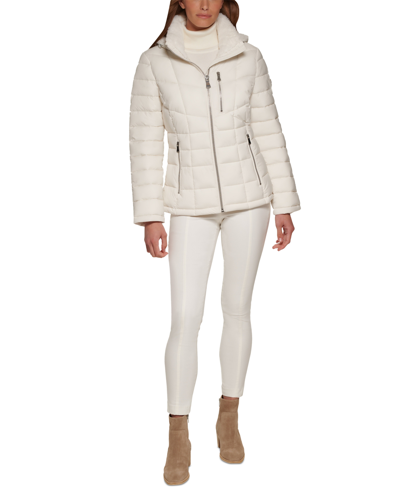 Shop Calvin Klein Women's Petite Faux-fur-trim Hooded Puffer Coat, Created For Macy's In Eggshell