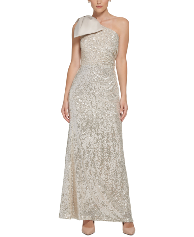 Shop Eliza J Petite One-bow-shoulder Sequin Satin Gown In Champagne