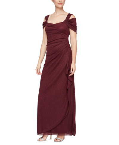 Shop Alex Evenings Cold-shoulder Draped Metallic Petite Gown In Fig
