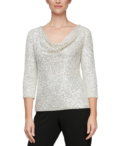 Shop Alex Evenings Petite Sequined Cowlneck 3/4-sleeve Tunic In Ivory Silver