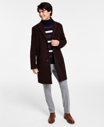 Shop Tommy Hilfiger Men's Addison Wool-blend Trim Fit Overcoat In Wine