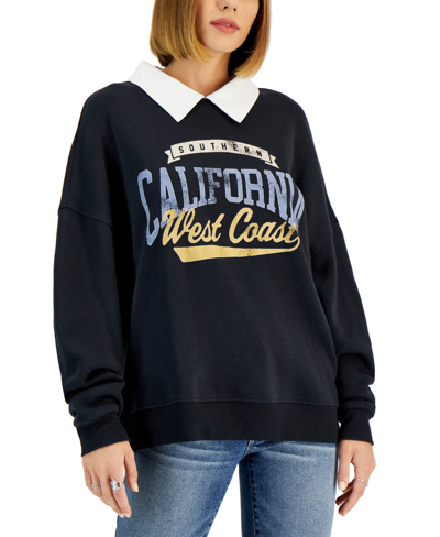 Shop Grayson Threads Black Juniors' Collared Graphic-print Sweatshirt In Black