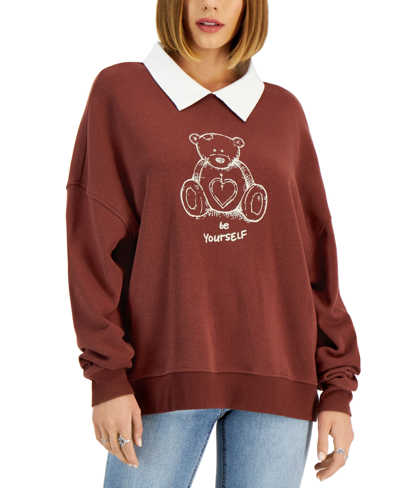 Shop Grayson Threads Black Juniors' Collared Graphic-print Sweatshirt In Brown