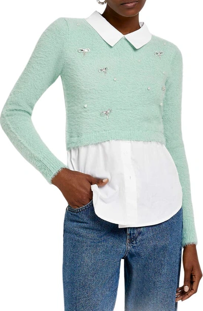 Shop River Island Hybrid Embellished Crop Sweater & Button-up Shirt In Green