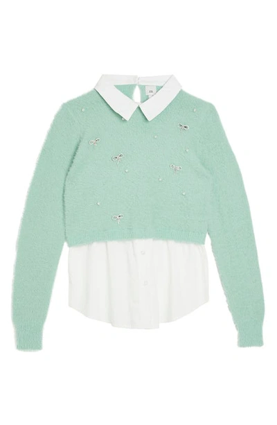 Shop River Island Hybrid Embellished Crop Sweater & Button-up Shirt In Green
